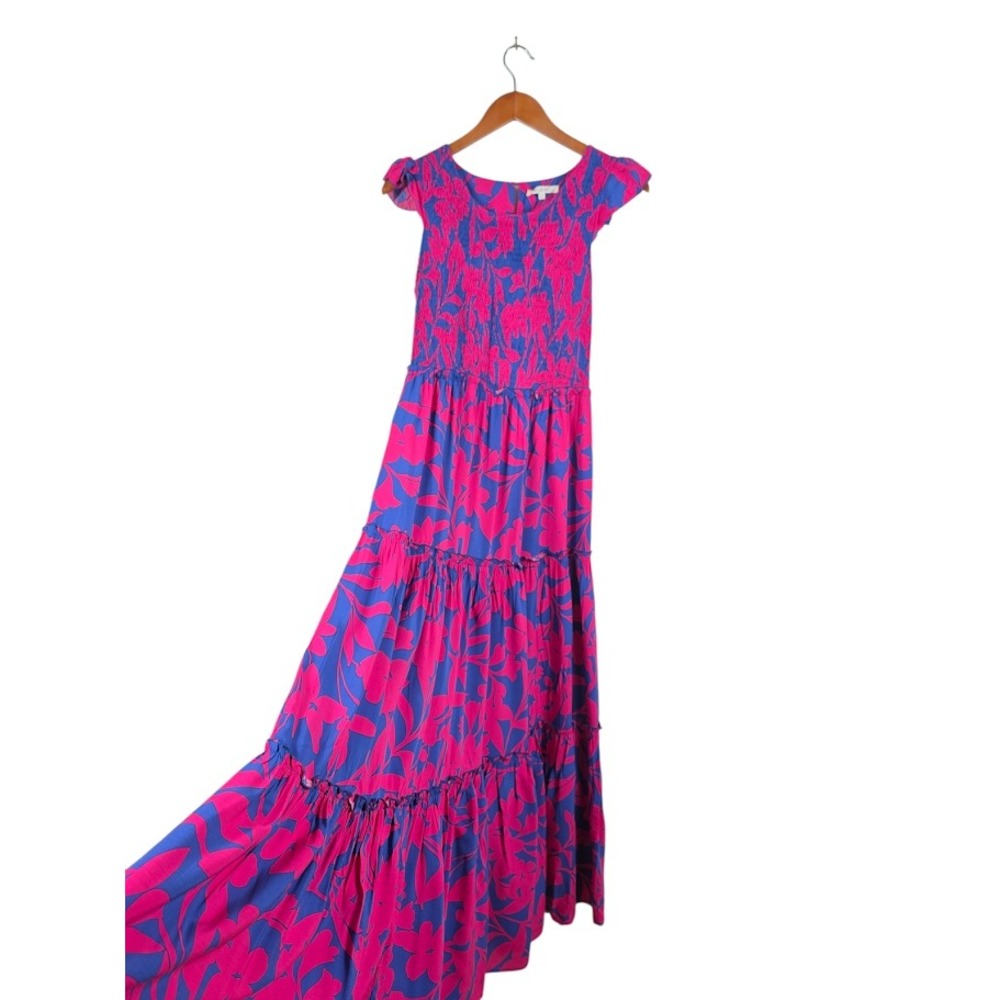Abel the Label Maxi Dress Women L Pink Blue Floral Smocked Tiered Boho